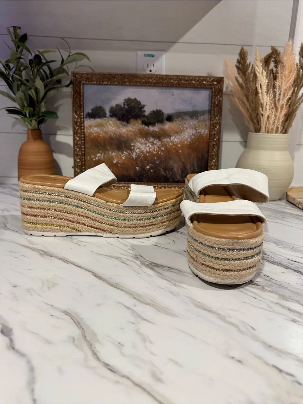 Gianni Bini White Espadrille Platform Slide Sandals with Multicolor Stripe Sole